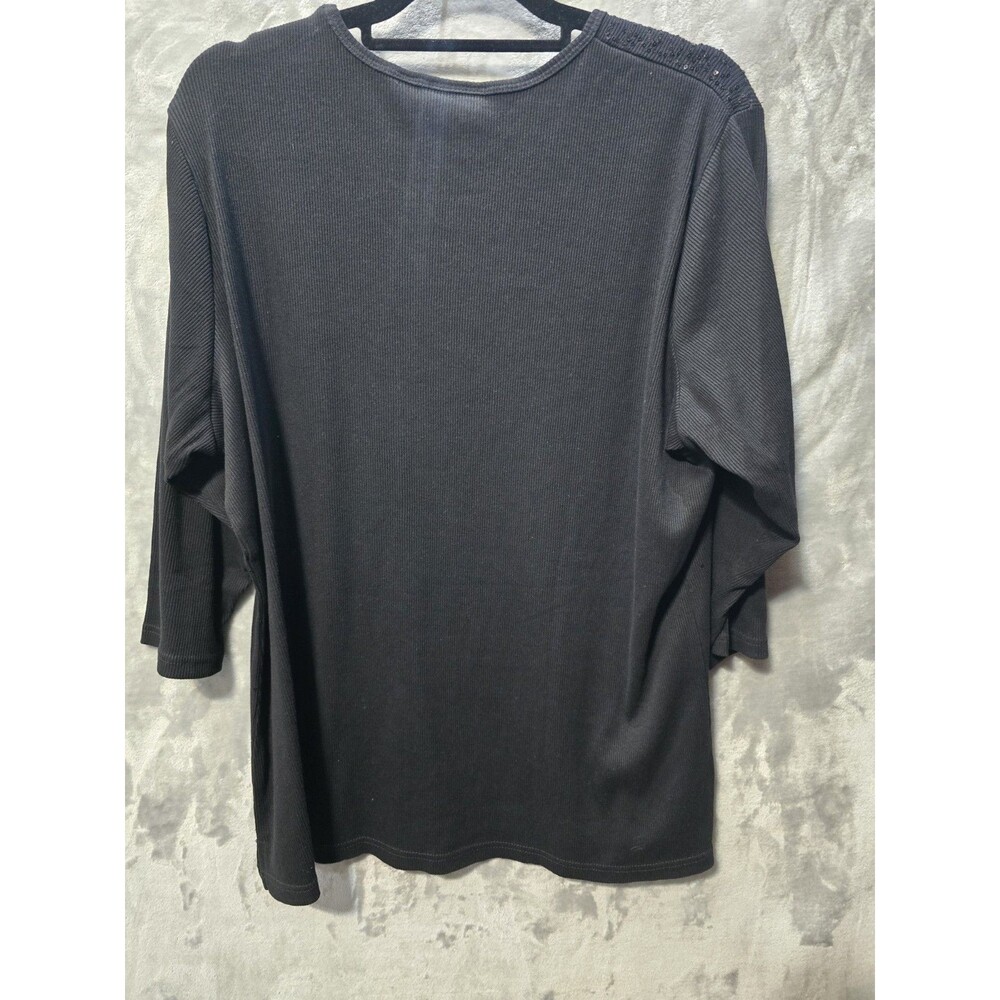 NWOT Quacker Factory Womens Shirt 1X Black 3/4 Sleeve Sequins Ribbed 100% Cotton - Picture 5 of 8